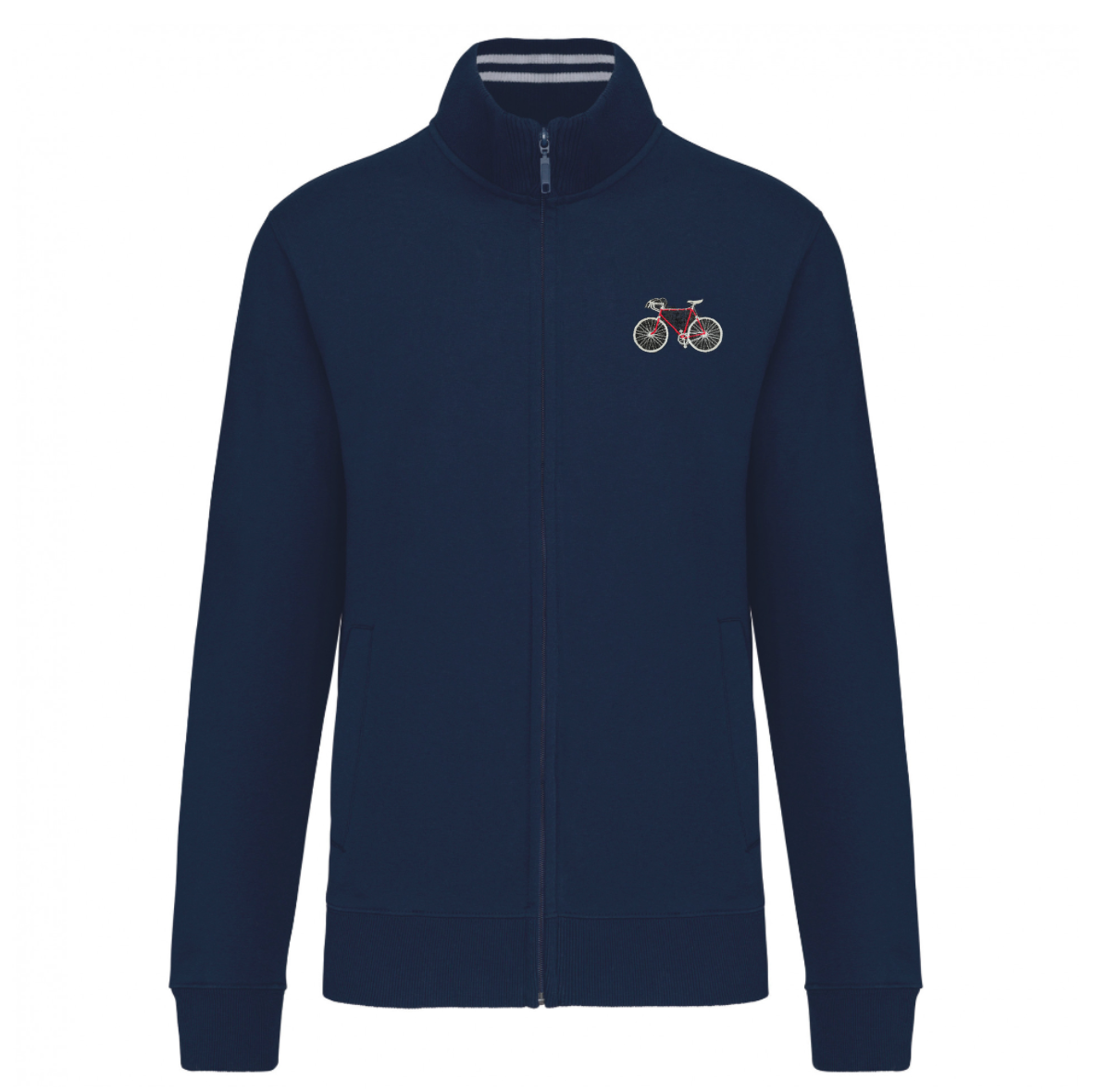 Sweater met rits koersfiets / fiets geborduurd